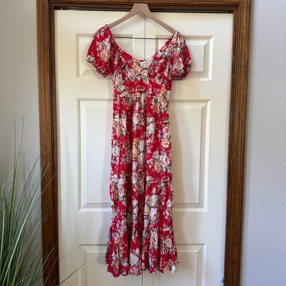 Auguste The Label Reverie Red Floral Print Tiered Puff Sleeve Midi Dress Size 0 - Picture 4 of 13